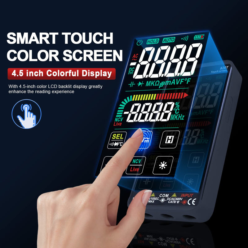 Xin Tester Digital Multimeter Smart Touch Screen Auto-Ranging 9999 Counts TRMS Rechargeable Multi Tester NCV Voltmeter Ohmmeter Tests Current Voltage Resistance Capacitance Frequency Diode Temperature FS8233 Pro