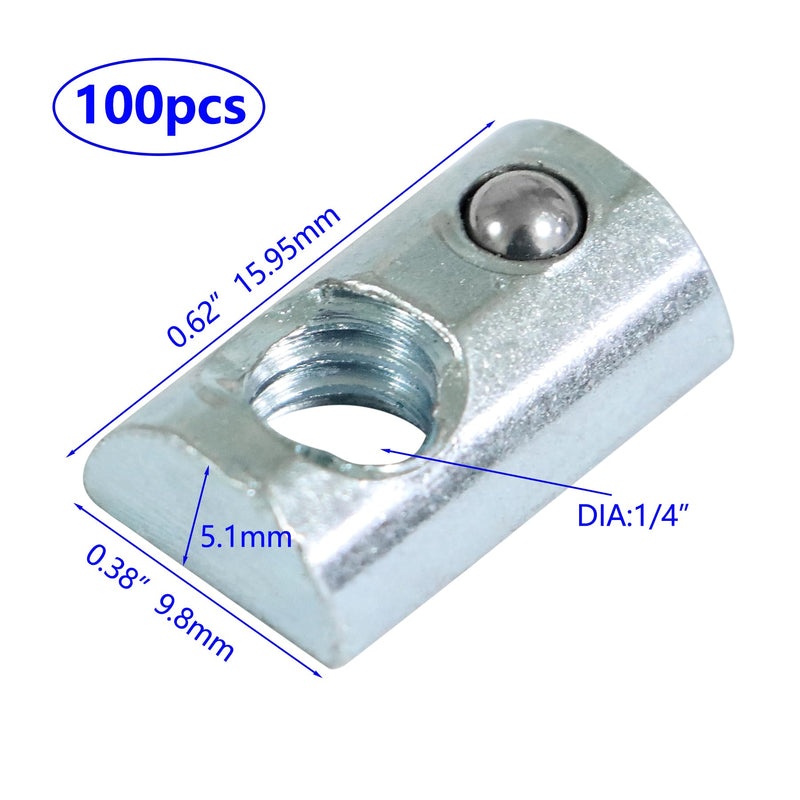 [Australia - AusPower] - 1/4"-20 Threaded Steel Roll in T-Nut with Ball Spring, T-Slot Nuts Accessory Hardware Nuts for 10 Series Aluminum Extrusion Profiles Rail (100) 100 