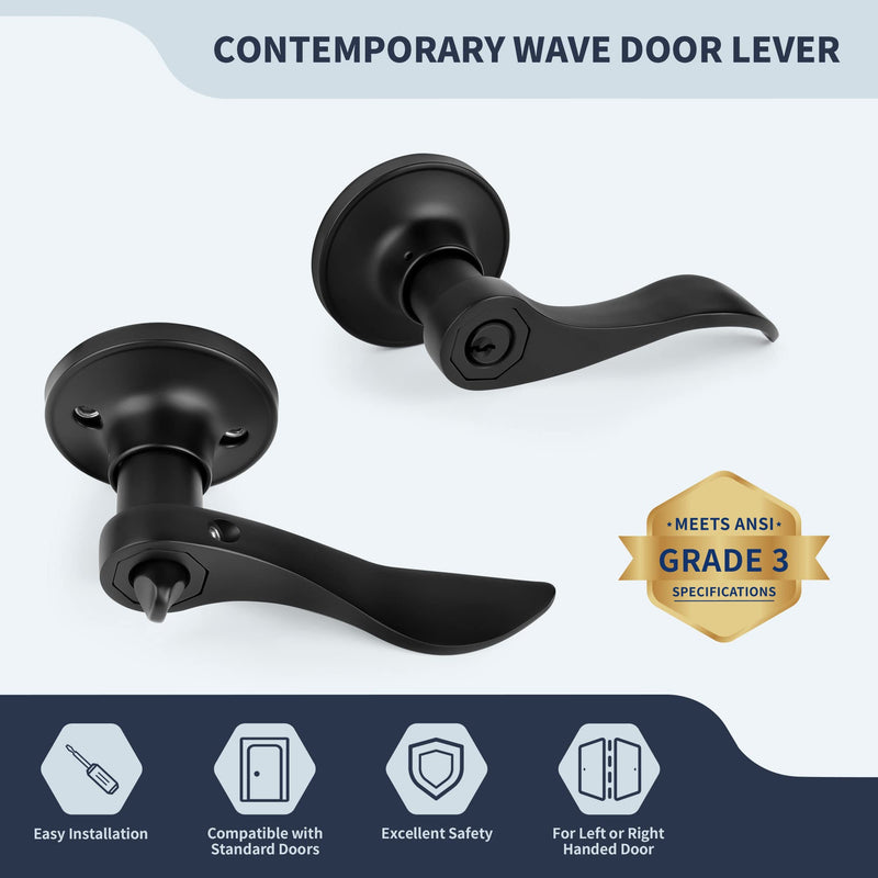 Wave Style Door Lever Keyed Entry Door Handle with Lock, Entrance Lever Reversible for Left/Right Handed for Office or Front Door with Matte Black, 1 Pack