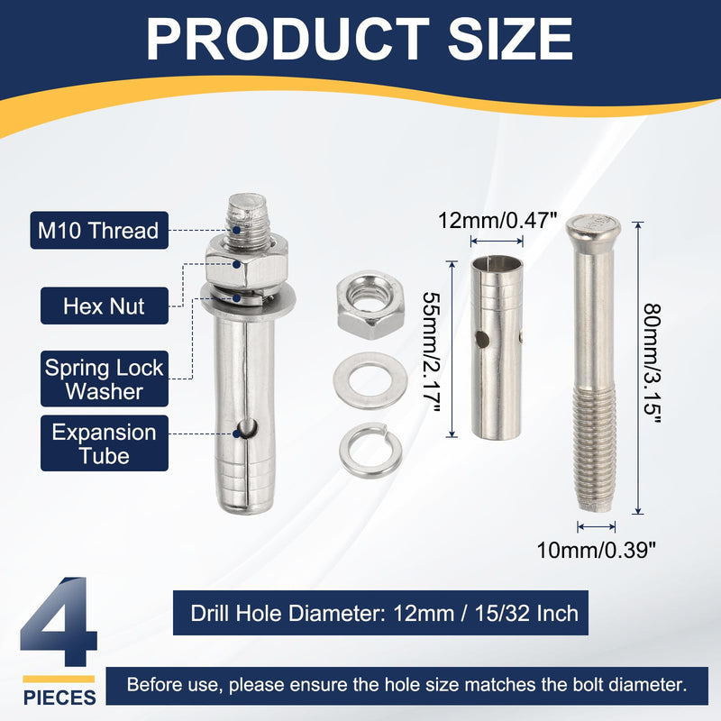 [Australia - AusPower] - PATIKIL M10 x 80mm 304 Stainless Steel Expansion Bolts, 4 Pcs External Hex Expansion Screw Bolt Sleeve Lengthened for Concrete Drywall Construction Projects, Silver 