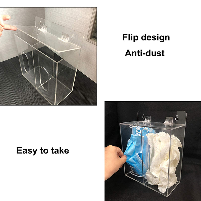 Acrylic Mask and Gloves Dispenser Holder with Lid, Wall Mount Double Dispenser Hoder for Face Mask, Hairnet, Shoe Cover, Bouffant Cap - Can Hang on The Wall and Stand on The Table (Clear)