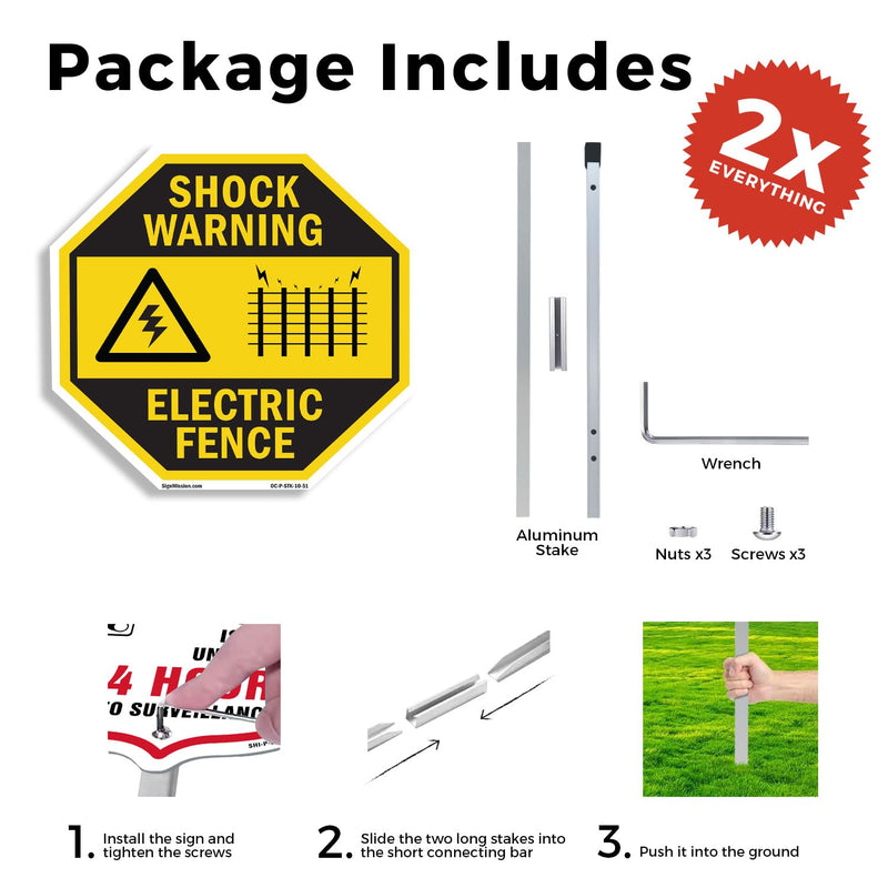 Shock Warning Electric Fence (2 Pack) 10 inch X 10 inch Octagon Aluminum Metal Signs with Aluminum Mounting Stakes Weather Resistant UV Protected for Workplace Private Property and Construction Site