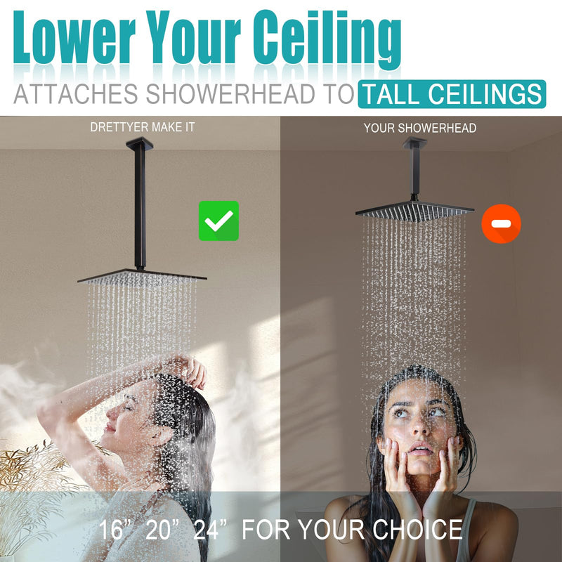 Oil Rubbed Bronze Shower Arm with Flange and Teflon Tape for High Ceiling Fixed Rain Showerhead, Universal Connection 16-inch Square Straight Shower Head Extender Extension Pipe, 304 Stainless Steel 16inch Oil Rubbed Bronze