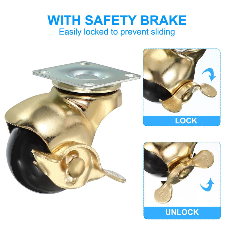 [Australia - AusPower] - PATIKIL 1.5 Inch Ball Caster Wheels with Brake, 4 Pack 360° Rotating Swivel Top Plate Wheels 298 lbs Total Capacity Locking Caster with M4 Screws for Furniture Table Cabinet Gold 