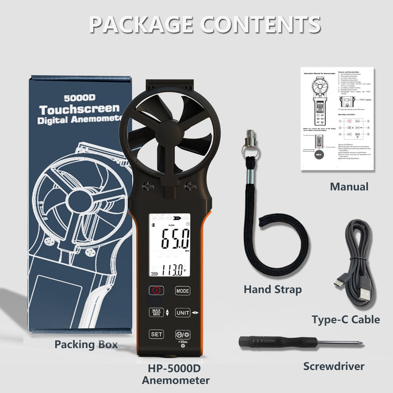 [Australia - AusPower] - Air Flow & Wind Speed Meter, Handheld CFM Anemometer with Waterproof Touch Button, CFM Meter Gauge Air Velocity Measuring Device for HVAC Outdoor [Rechargeable] 