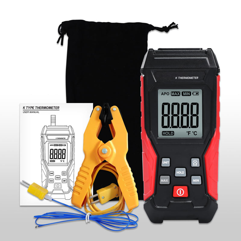 [Australia - AusPower] - Thermocouple Thermometer Digital K Type Thermometer, Single Channel Thermocouple Tester(-328~2501℉) with 1 Temperature Clamp and 1 Wired Thermocouple Probes LCD Display Temperature Tester for K Type 