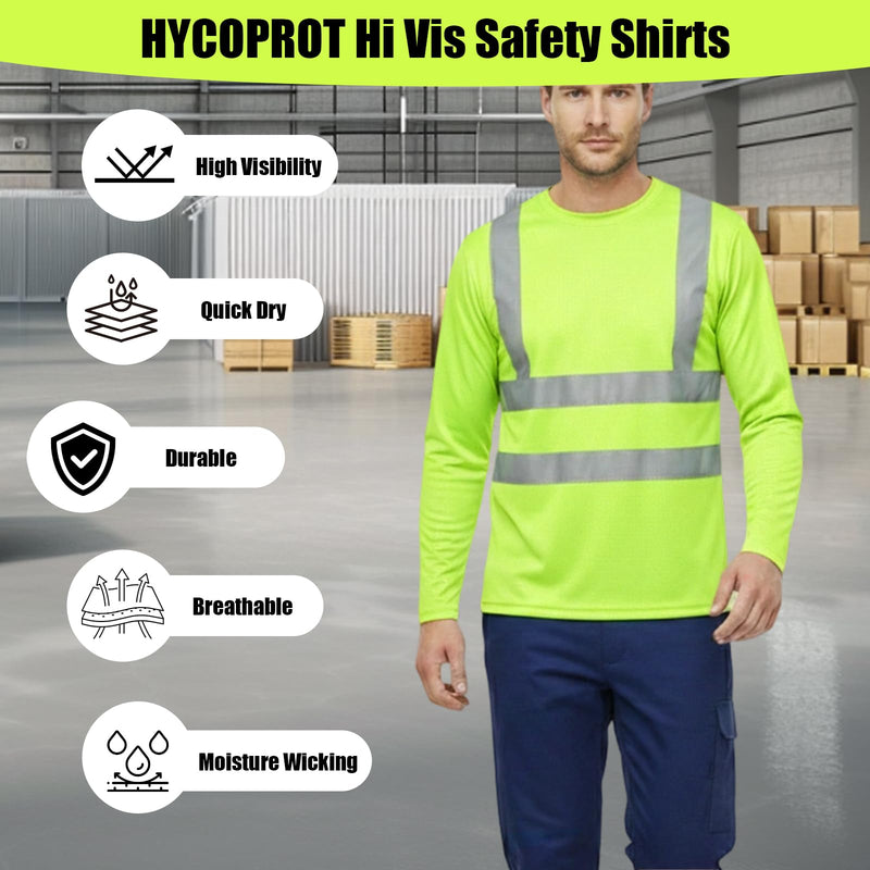 HYCOPROT Hi Vis Safety Shirts Long Sleeve High Visibility Reflective Shirt for Men Women Class 3 Construction T Shirt Work T-shirts Clothes for Warehouse Camisas Reflectivas de Trabajo para Hombre X-Large Yellow