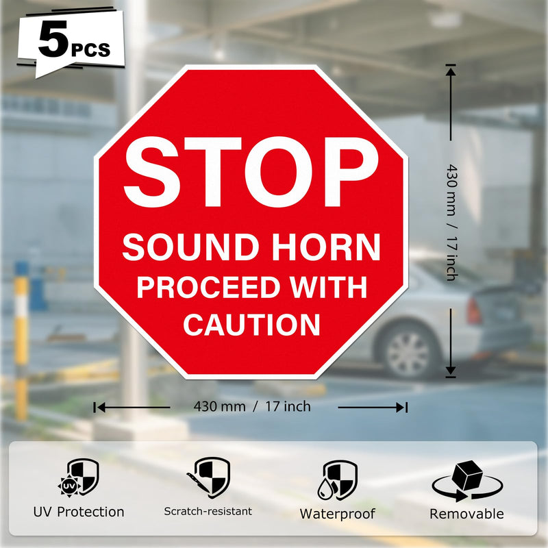 5 Pack Stop Sound Horn Proceed With Caution Sign Anti-Slip Traffic Floor Sticker 17 × 17 Inches Self Adhesive Vinyl Waterproof Signage for Workplace Warehouse Construction Site
