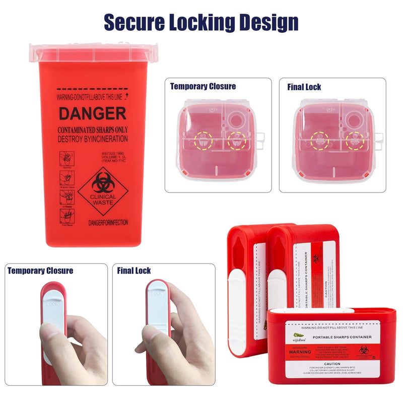 [Australia - AusPower] - Sharps Containers Kit for Travel and Home Use with Portable Pocket 0.1L Container for Diabets Insulin Pen Needle Disposal, Small 1 Quart Container for Biohazard Needel and Syringe Disposal. Red 