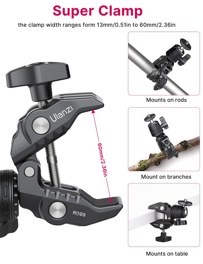 [Australia - AusPower] - Camera Clamp Mount Accessories for Gopro - ULANZI R099 Super Clamp Ball Head Mount 1.5kg/3.3lb Loading Metal Bike Motorcycle Handlebar Attachments for DSLR Gopro Hero 5/6/7/8/9/10/11 Black/Insta 360 Gopro/Phone Mount 