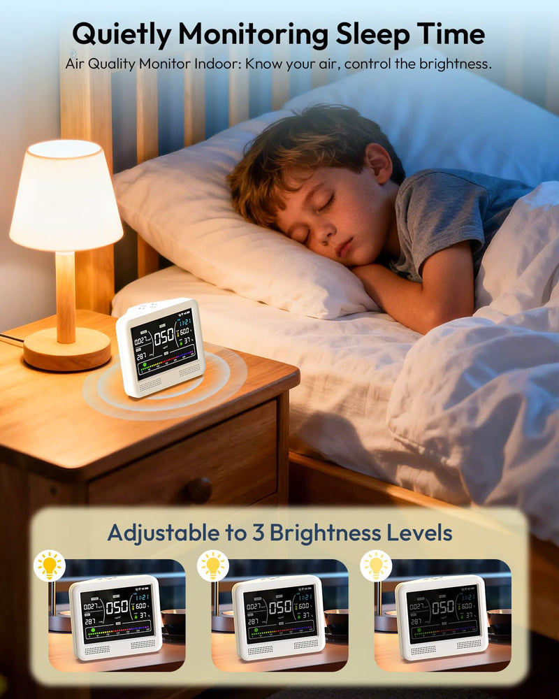 [Australia - AusPower] - Air Quality Monitor Indoor, 16 in 1 Air Quality Tester for CO2 Monitor, TVOC, PM1.0 PM2.5 PM10, HCHO Temperature Humidity & Time, AQI Monitor with Alerts for Home (PureWhite) PureWhite 