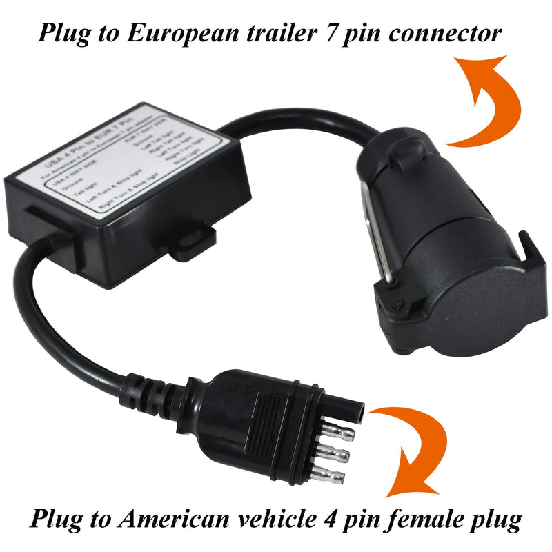 Oyviny US to EU Trailer Light Converter US 4 Way to EU 7 Way Trailer Light Adapter USA Vehicle 4-Pin Flat Plug to European Trailer 7-Pin Round Connector Plug and Play Waterproof Converter