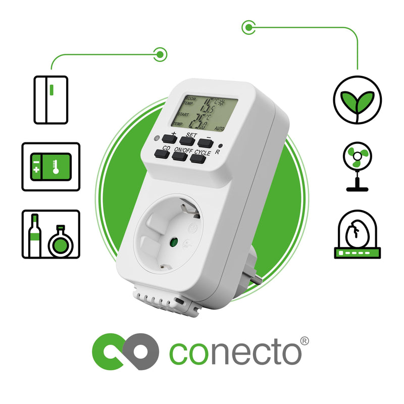 [Australia - AusPower] - conecto Digital Thermostat Socket with Internal Sensor and Time Control for Terrarium, Greenhouse, Smoker, Heating, Temperature Control, Cooling and Frost Monitor, 3600 Watt, White 