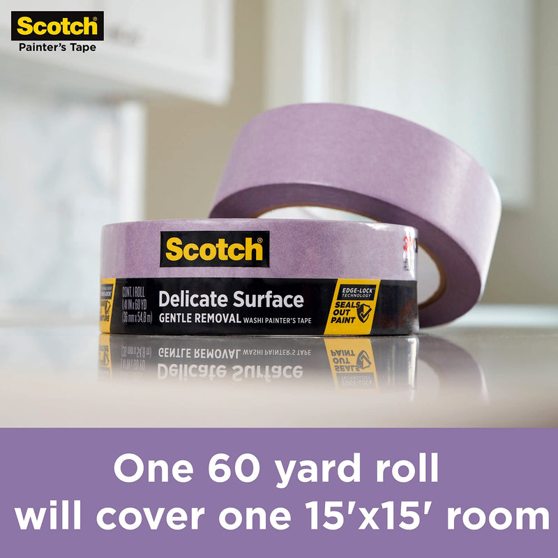 Scotch Delicate Surfaces Painters Tape, 0.94 in x 60 yd, Damage-Free Painting Prep, Protect Delicate Surfaces, UV & Sunlight Resistant, Solvent-Free Adhesive, Indoor Masking Tape, 1 Roll (2080EL-24E)