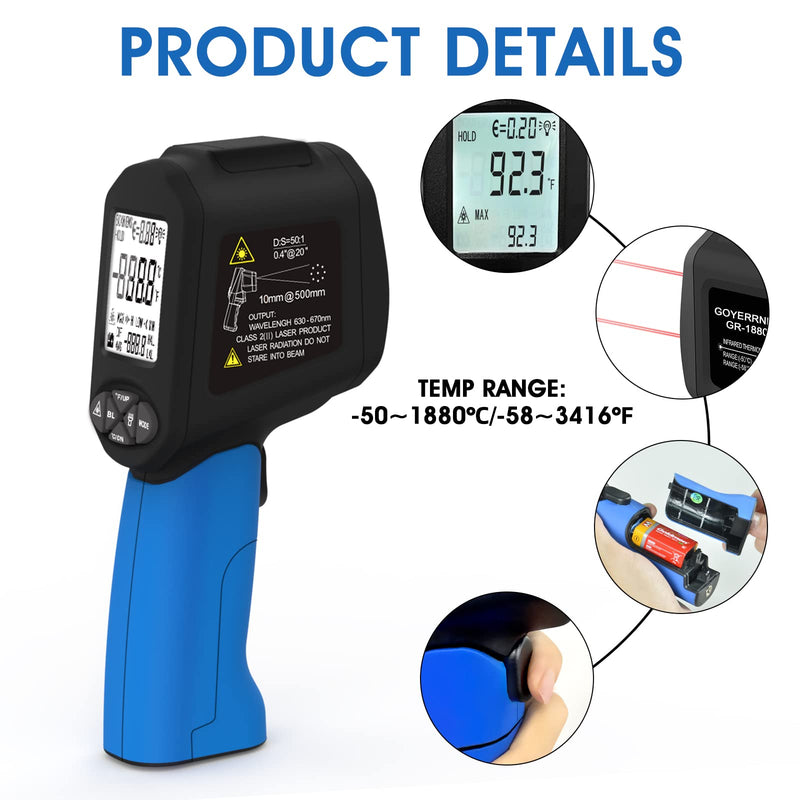 [Australia - AusPower] - Infrared Thermometers, Laser Thermometer Gun, 50:1 Temperature Gun for -58℉~3416℉ Infrared Thermometer Gun for Cooking/Griddle/IR Thermometer Gun, Heat Laser Thermometer 