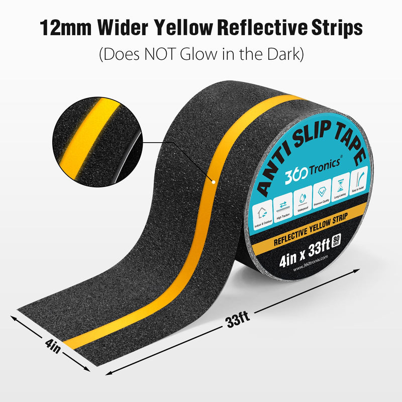 Anti Slip Grip Tape with Yellow Reflective Stripe, 4" x 33ft Non-Slip Traction Tape Strips Roll, Indoor & Outdoor Waterproof Non-Skid Tape for Stair Treads Steps Ramps 4 Inch x 33 Feet Black with Reflective Yellow Strips