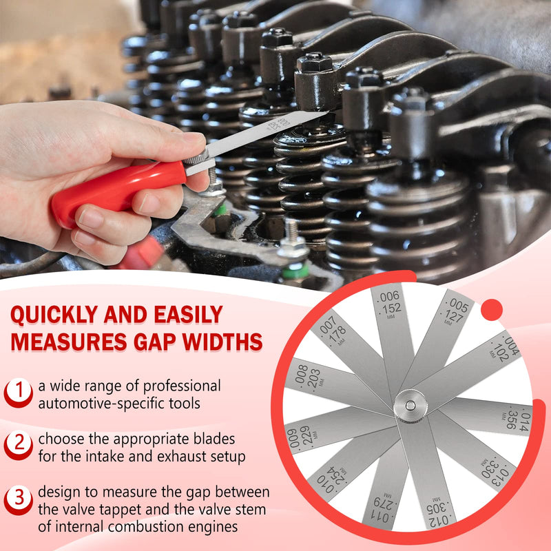 A308 Offset Valve Tappet Gauge Set Premium 11-Blade Feeler Gauge Kit Sizes from 0.004" to 0.014" Includes Two Red Handles