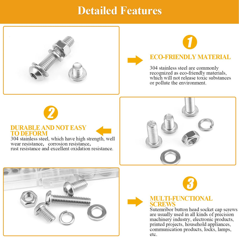 [Australia - AusPower] - 150 Pieces M6 Screws Nuts Washers Set, Sutemribor M6 x 10/12/16/20/25/30/35mm Button Head Socket Cap Screws Nuts Washers Assortment Kit, 304 Stainless Steel, Fully Threaded 