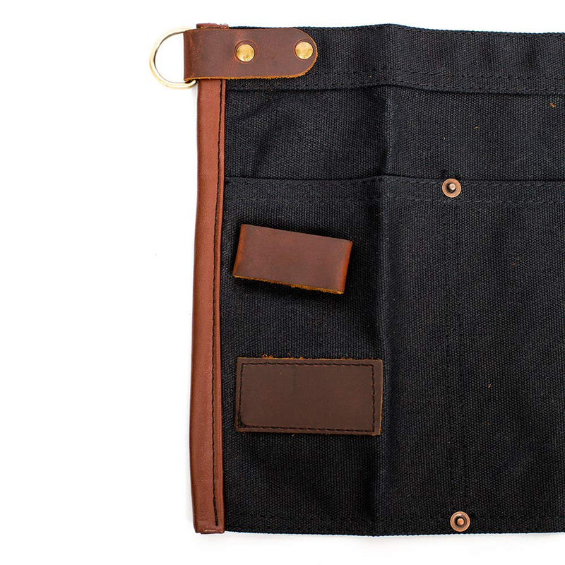 Waterproof Waxed Canvas Tool Apron With the Adjustable Genuine Leather Belt (Black) Black