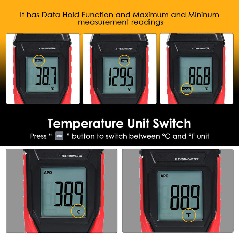 [Australia - AusPower] - Digital K Type Thermometer, Thermocouple Thermometer Single Channel Thermocouple Tester(-328~2501℉) with 1 Temperature Clamp and 1 Thermocouple Probes LCD Display for K Type 
