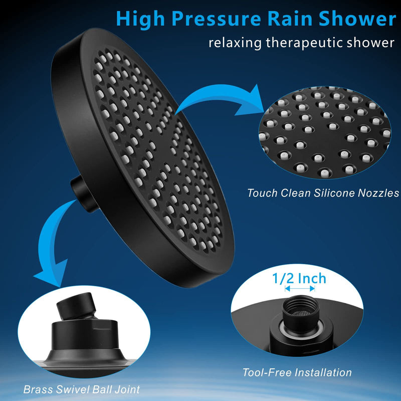 High Pressure Rain Shower Head with Arm - High Flow Rainfall Showerhead - Luxury Modern Look - Pressure Boosting (6" Shower Head with 6" Arm, Matte Black) Shower Head + 6 Inch Shower Arm Midnight Black Matte