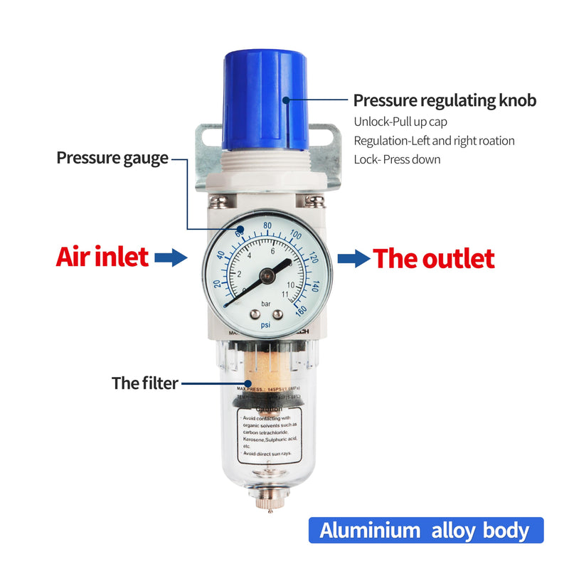 1/4" NPT Air Compressor Regulator - Air Pressure Regulator, Air Dryer AW2000-02 Manual Drain Poly Bowl Gauge 0-160 PSI 5?m Brass