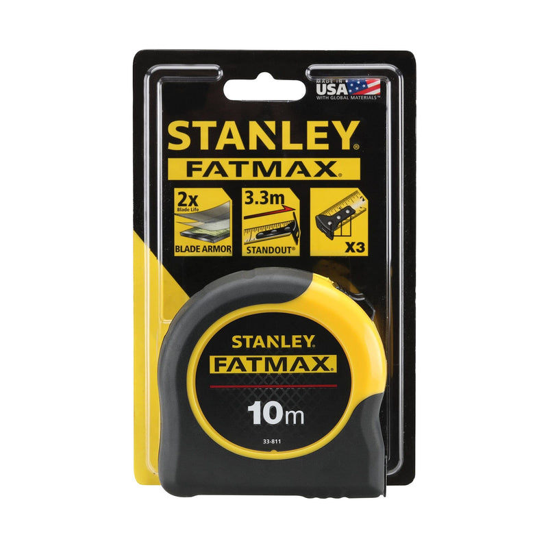 STANLEY FATMAX Classic Tape with Blade Armor, 10m Metric Only | Durable tape, 14 feet extended reach when working alone, tru-zero hook, accuracy class II 10 m
