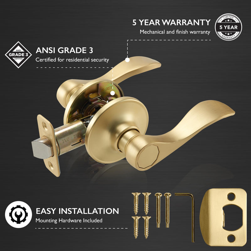 Design House Springdale Passage Hall Closet Interior Door Lever Handle Lockset, Non-Locking Handle Hardware, Satin Gold, 6.375 in x 1.94 in x 2.625 in, Item 728899 1 Pack