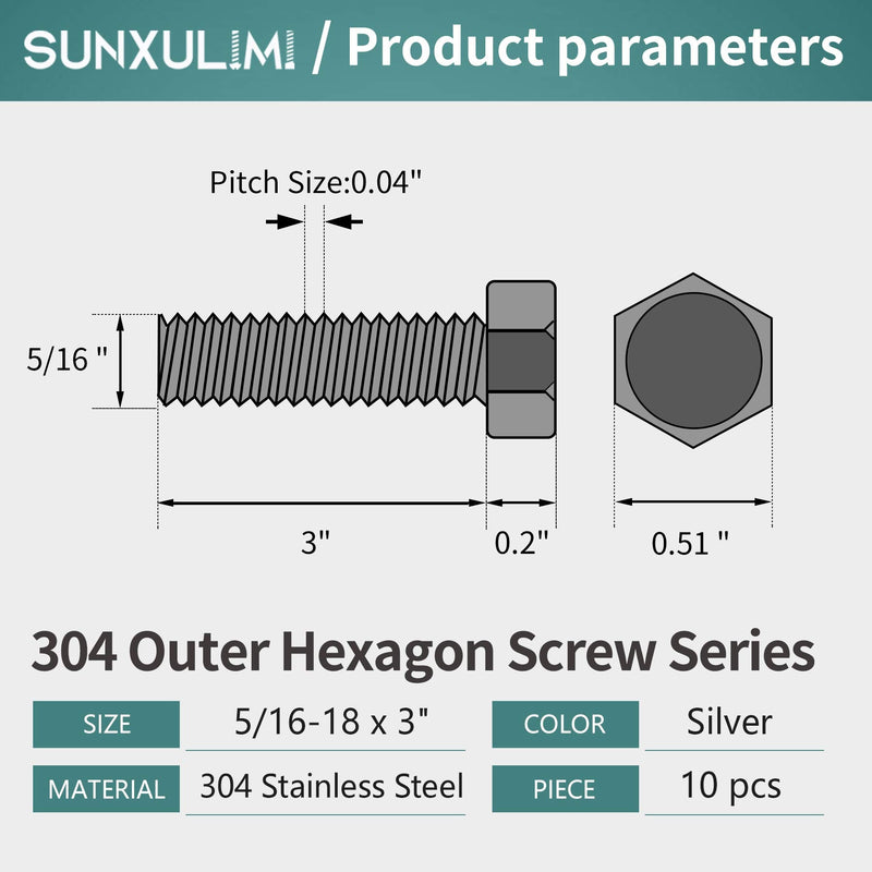 [Australia - AusPower] - SUNXULIMI 5/16-18 x 3" Bolts and Nuts Hex Head Bolts Screws, Nuts, Flat Lock Washers Hexagonal Head Bolt Stainless Bolts Machine Fully Thread Bright Assortment Kit 10Sets [5/16-18 x 3" (10Sets)] 