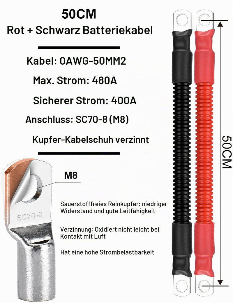 DIHOOL Battery Cable 50 mm2 M8 50 cm 0 AWG Silicone Cable Corrugated Pipe Cable Tube Soft and Flexible Heat Resistant 0AWG-50MM2