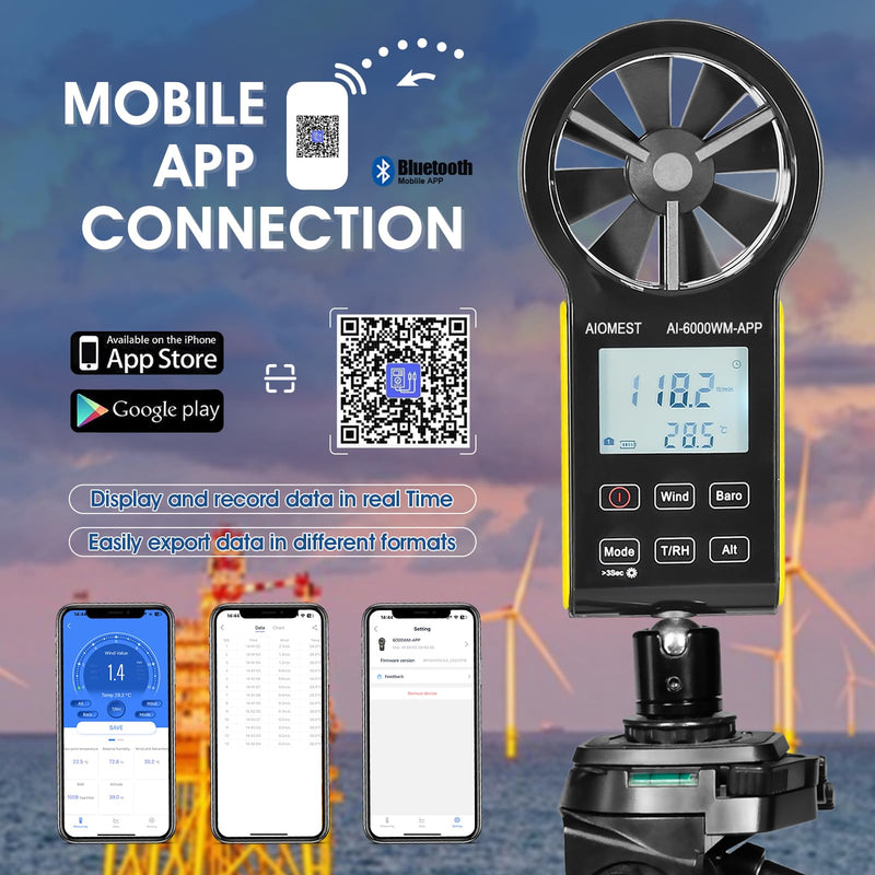 AIOMEST 6000WM-APP Digital Anemometer Handheld Wind Meter Wind Meter CFM Wind Speed Meter with MAX/MIN/AVG for Wind Speed Temperature Wind Chill Tester, HVAC