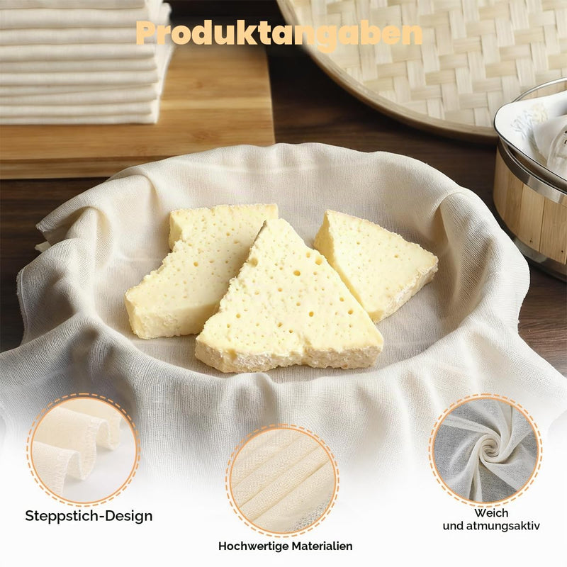 Cheesecloth Reusable Straining Cloth 50 x 50 cm / 60 x 60 cm Pack of 10 | Straining cloth, filter cloth, reusable, washable, cheesecloth for sifting juice, vegetable juice, nut milk, yoghurt tofu