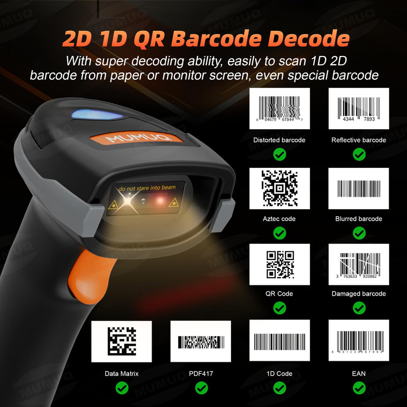 Wireless Barcode Scanner, 2D 1D Bluetooth Scanner Handheld Bar Code Reader for Tablet iPhone iPad Android iOS PC POS with Charging Dock