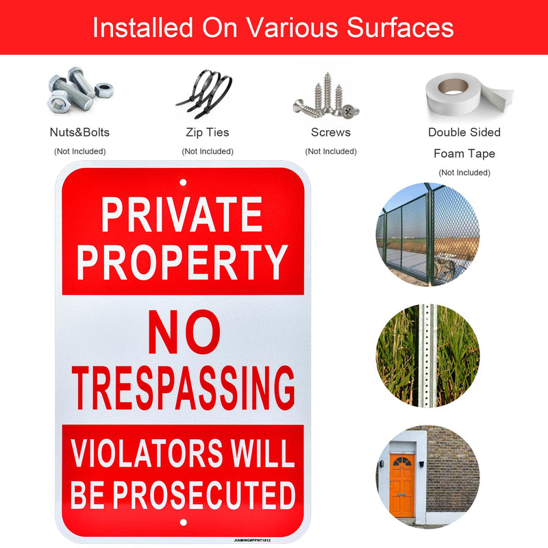 JIAMING 2 Pack Private Property No Trespassing Signs, 18x12 Inch Reflective Rustproof Aluminum, Violators Will Be Prosecuted Metal Sign, UV Protected Weatherproof Easy Mount for Home Yard Farm.