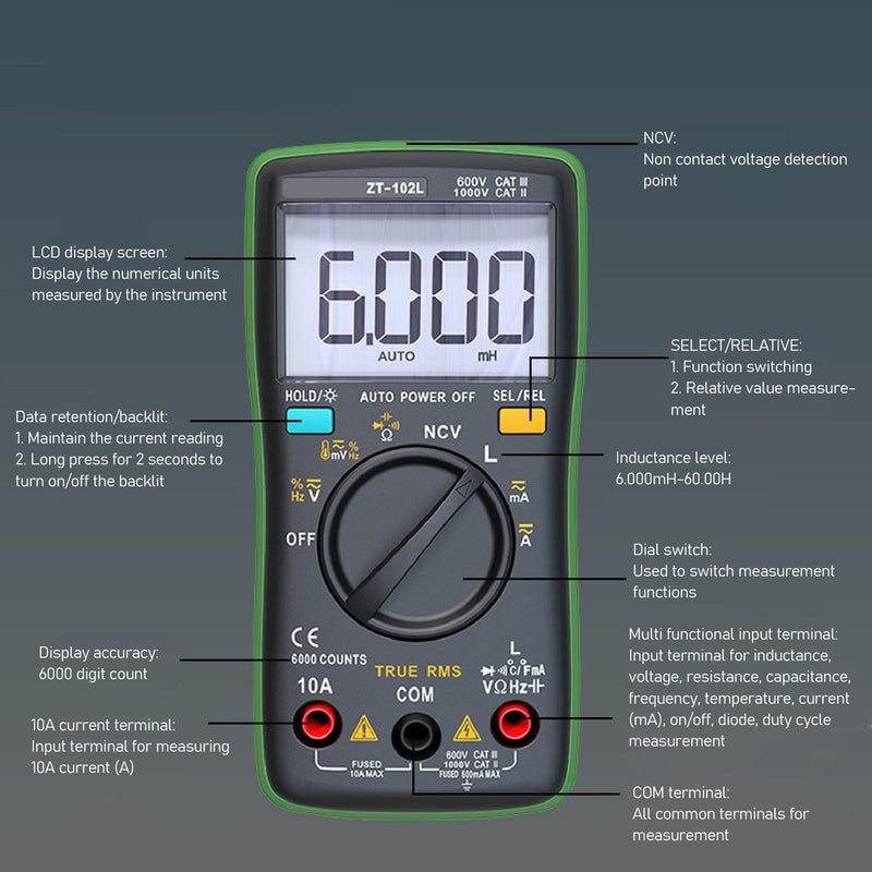 [Australia - AusPower] - ZT102L Digital Multimeter with NCV Function Compact Portable Inductance Capacitance Tester Inductor Meter Backlit Screen Display 