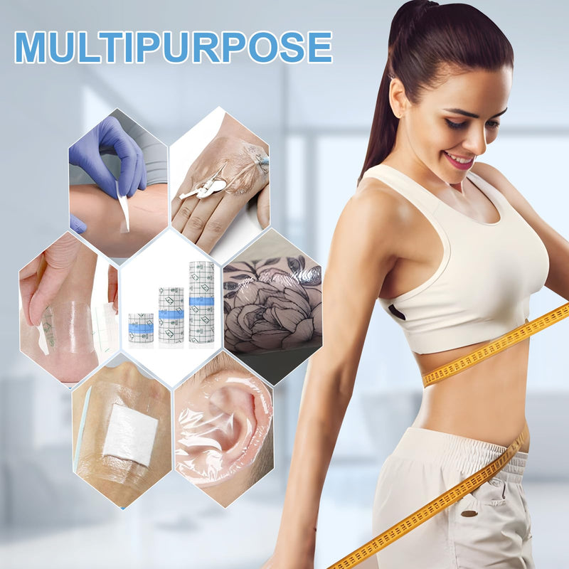 3 Rolls Transparent Stretch Adhesive Bandage, Waterproof Clear Film Dressing Bandages, Waterproof Bandages Post Surgical Shower Shield Dressing Tape for Tattoos Swimming (2 Inch, 4 Inch, 6 Inch)