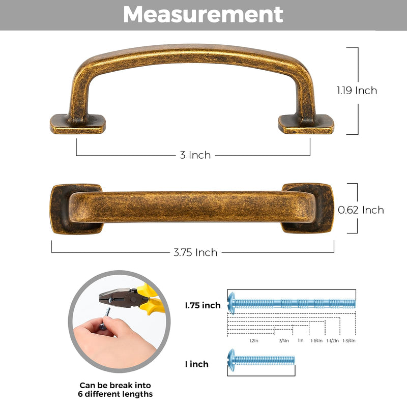 10 Pack Cabinet Handles Arch Cabinet Pulls - 3 Inch Drawer Pulls Antique Brass Kitchen Handles Curved Dresser Hardware Solid Kitchen Closet Hardware 3" Hole Center 10