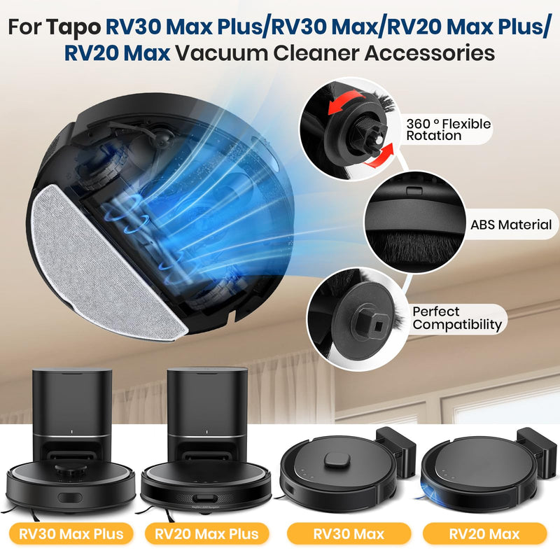 [Australia - AusPower] - RV20 Max Plus Replacement Parts for Tapo RV20 Max Plus/RV30 Max Plus/RV30/RV20 Robotic Vacuum Cleaner Parts with 1 Roller, 4 HEAP, 6 Mops, 6 Dust Bags, 6 Side Brushes,1 Clean Brush 