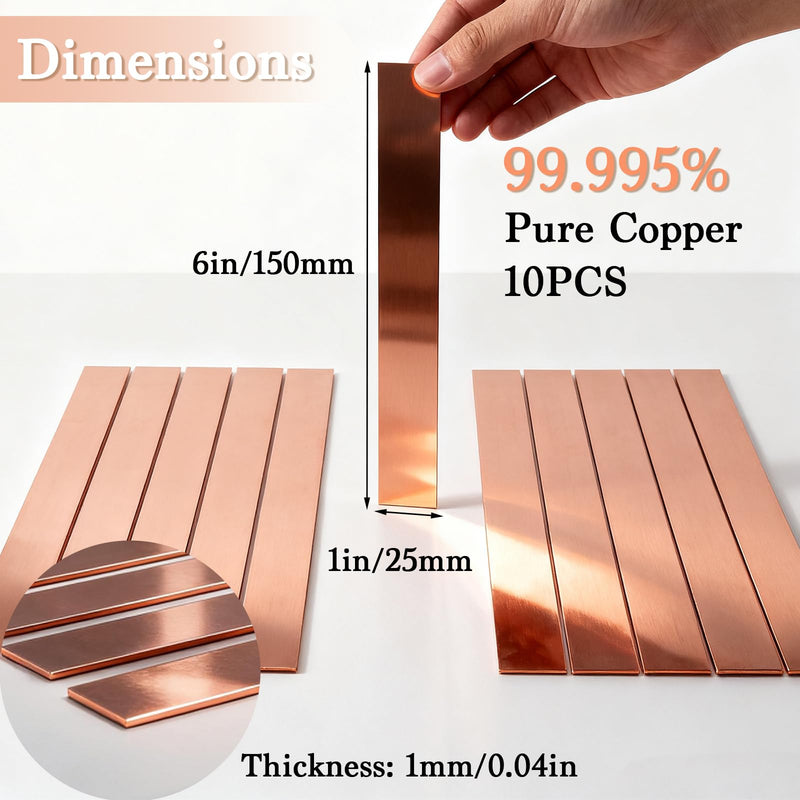 [Australia - AusPower] - 10-Pack Pure Copper Anode Sheets - 99.995% Electroplating Grade Copper Electrode Strip, 1mm x 25mm x 150mm for Plating and Electroplating & Educational Use 