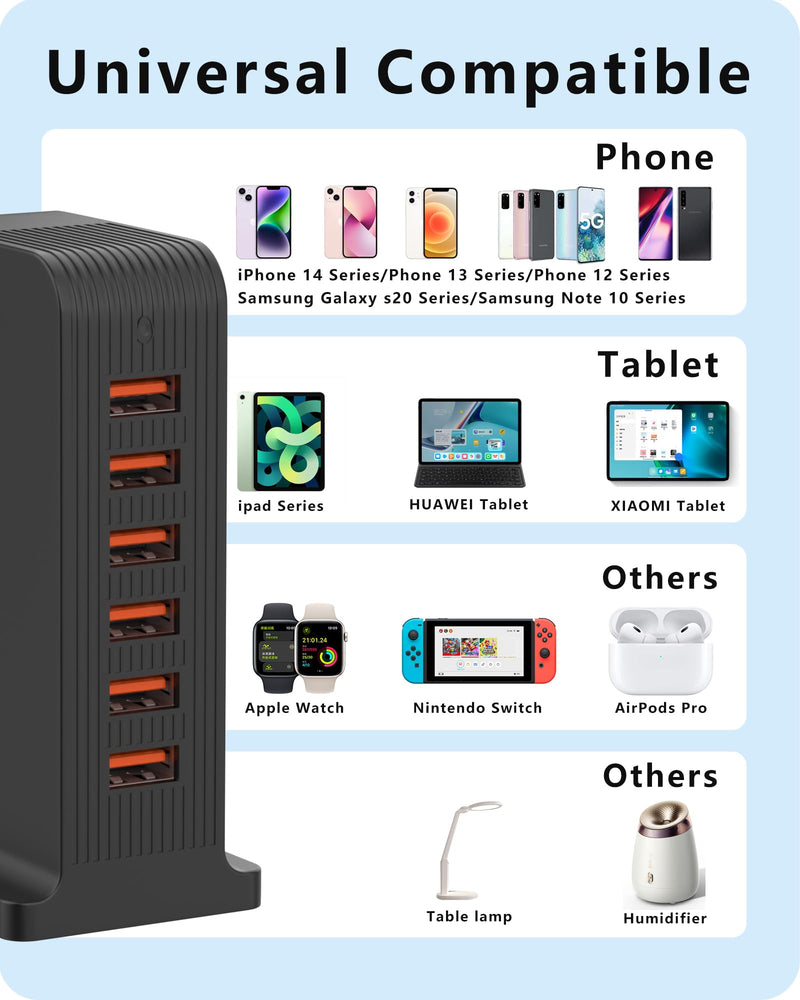 [Australia - AusPower] - USB Charger 6 Port 50W Multi USB Tower Charging Station for Multiple Devices iPhone 15/14/14 Pro/14 Pro Max/13 Pro/13 Pro Max/Android/Samsung/Tablet,etc(Black USB) black 50W 6A 