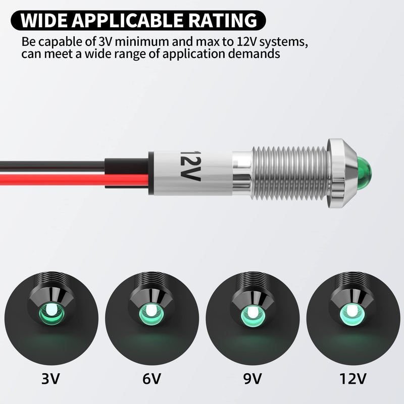 [Australia - AusPower] - DaierTek 8MM LED Indicator Light 12V Green LED Waterproof Metal 12 Volt Pilot Light Marine 5/16" Panel Mount Electrical Indicator Lights Pre-wired for Boat Car -10Pcs 