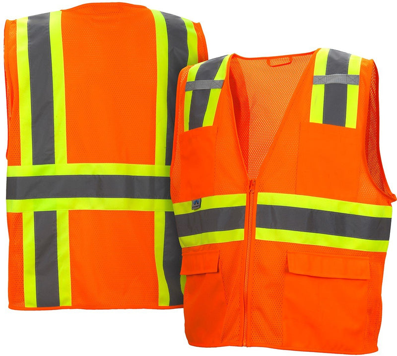 PYRAMEX Hi-Viz All Mesh Safety Vest with Contrasting Reflective Tape, Orange, Large
