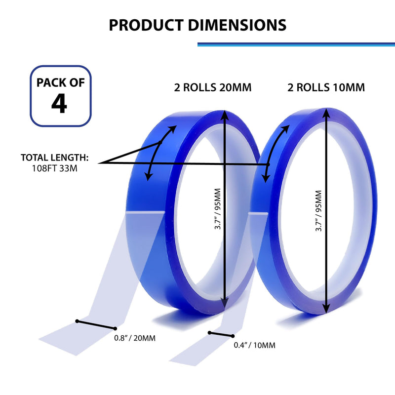 4 Rolls Heat Tape for Sublimation, 20mm & 10mm, 33 Meters(108ft) Length, Blue Heat Resistant Transfer Tape, No Residue Pack of 4 (10mm & 20mm)