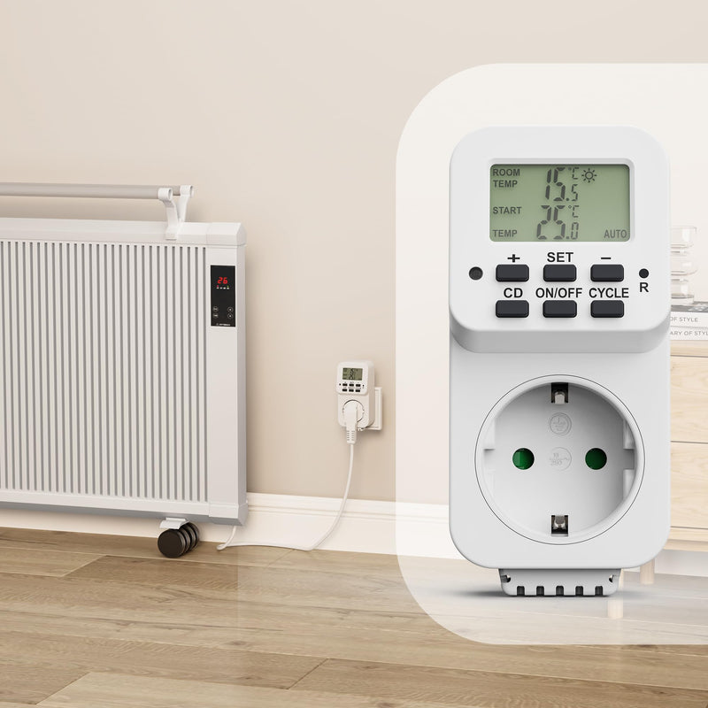 [Australia - AusPower] - conecto Digital Thermostat Socket with Internal Sensor and Time Control for Terrarium, Greenhouse, Smoker, Heating, Temperature Control, Cooling and Frost Monitor, 3600 Watt, White 