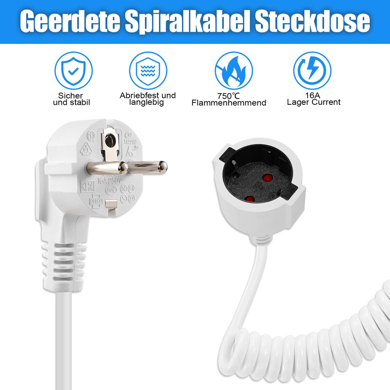 [Australia - AusPower] - Schuko Extension Cable Spiral 2 m, Protective Contact Spiral Extension Stretchable from 0.75 m to 2 m, 3680 W Spiral Cable Extension Spiral Cable Plug Cable with Schuko Plug and Coupling, White 