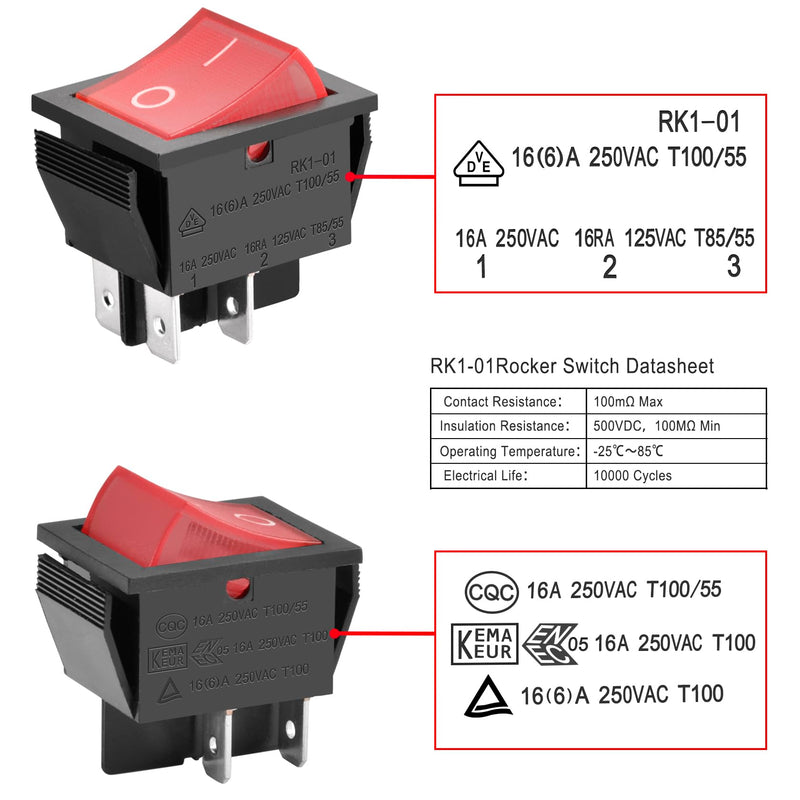 Heschen Rocker Switch ON-OFF DPST 4 Terminals Red Light 16A 250VAC with Waterproof Cover 1