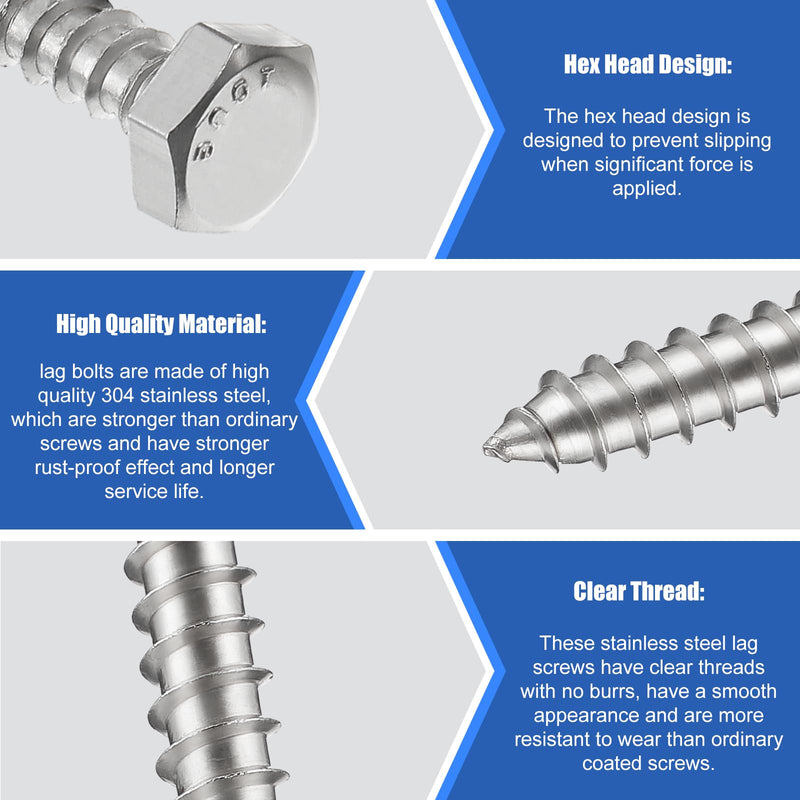 [Australia - AusPower] - Zonon 50 Pcs 1/4" x 1" Hex Head Lag Screws 304 Stainless Steel Lag Bolts Heavy Duty Hexagon Head Wood Screws 1/4" X 1" 