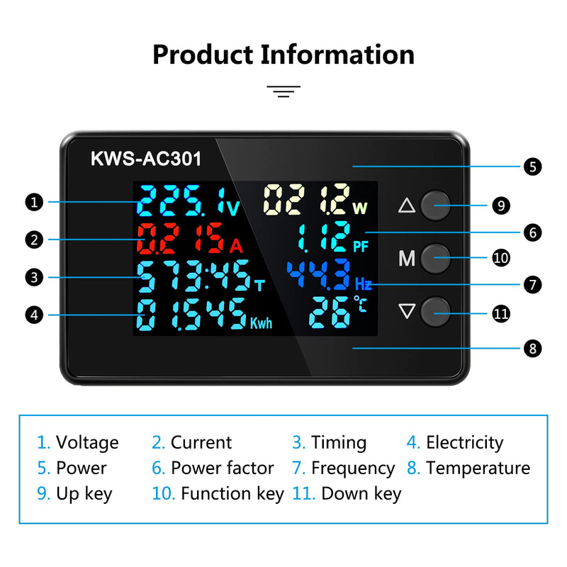 [Australia - AusPower] - AC 50-300V 0-20A Ammeter Voltmeter 110V 220V AC Multimeter 110V 220V 8 in 1 Multifunction LCD Display Digital Current Voltage Power Tester Electric Energy Monitor 20A 