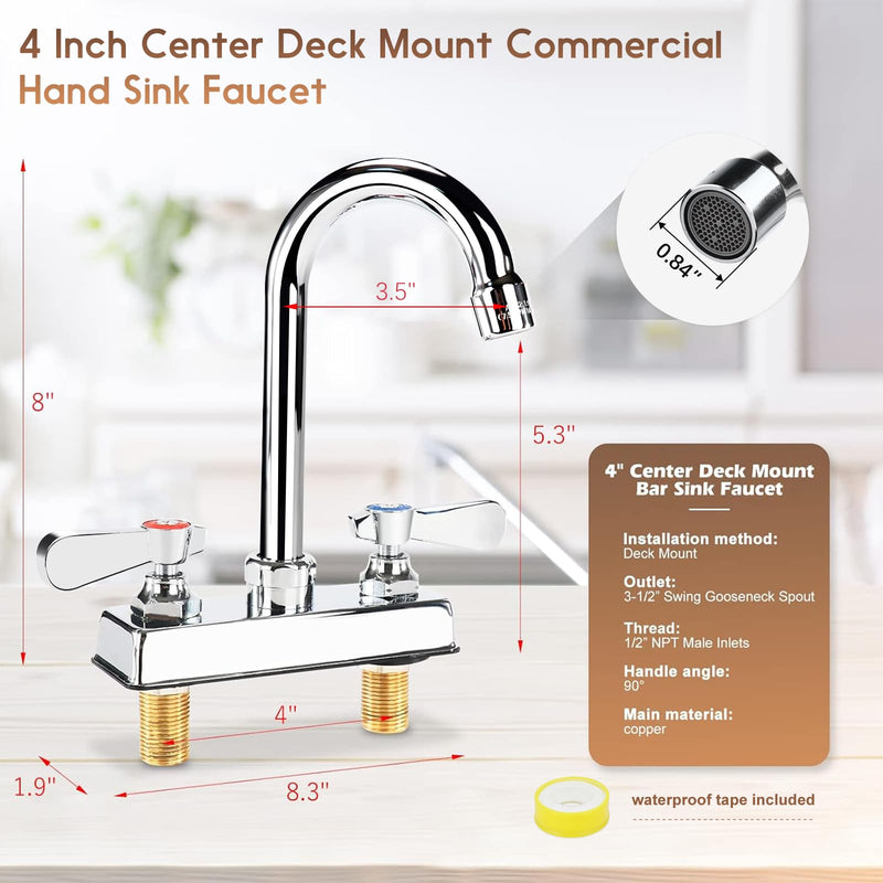 Commercial Bar Sink Faucet 4 Inch Center Deck Mount, 3-1/2" Gooseneck Swivel Spout Hand Sink Faucet, 2 Hole Brass Constructed & Chrome Polished with Dual Lever Handles 4" Center 3-1/2" Spout