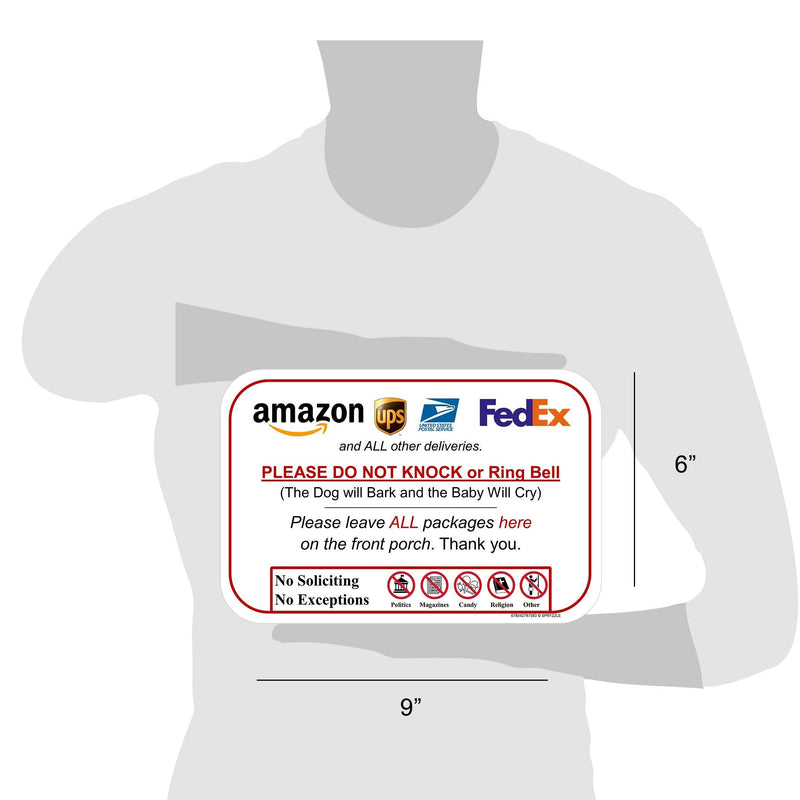 [Australia - AusPower] - Leave Packages Sign - Do Not Knock or Ring Doorbell, Dog will Bark & Baby will Cry, 6" x 9" No Rust PVC, Will Not Scratch, Easy to Mount with Included Adhesive, Made in USA by SPRYZZLE 